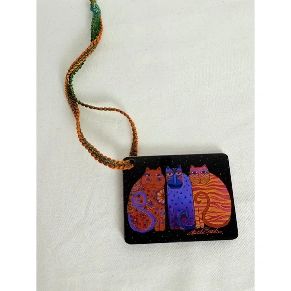 Laurel Burch Colorful Cat Illustration Rectangular Braided Luggage Tag Charm - Picture 1 of 6